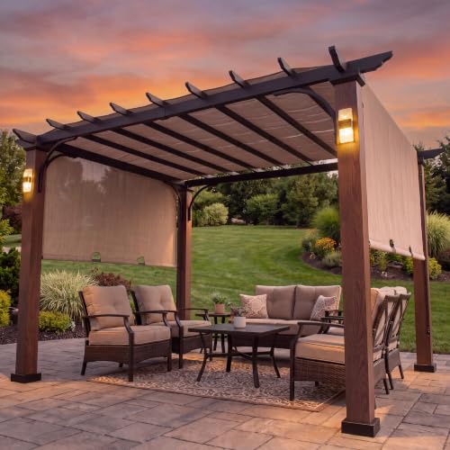 SUNJOY 11x11 Heat-Transfer Woodgrain Steel Pergola with 4 Solar Lights, Sliding Canopy & Oversized Posts
