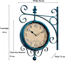 saditesdk Wall Clock, Blue Double Sided Station Clock Outdoor Garden Clock Weatherproof Outdoor, 360 ° Rotation Wrought Iron Retro Wall Clock Decoration Outdoor Garden Clocks for Indoor Outdoor，B
