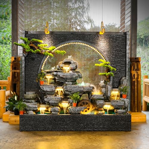 Outdoor Water Fountain with LED Light, Cement, Rockery Texture, 58L x 70H x 17W inches, for Living Room, Balcony, Dining Room, Garden Club,Housewarming Gift.Multiple Options(A)