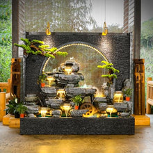 Outdoor Water Fountain with LED Light, Cement, Rockery Texture, 58L x 70H x 17W inches, for Living Room, Balcony, Dining Room, Garden Club,Housewarming Gift.Multiple Options(A)
