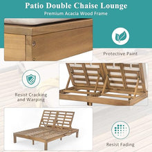 Praxatek Patio Double Chaise Lounge with 5-Position Adjustable Backrest, Acacia Wood Frame, 4-Inch Cushions, Seats 2, Gray (Light Teak)