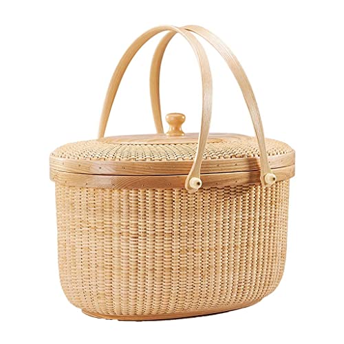 ZYBB Picnic Basket Easter Basket Handmade Rattan Basket with Lid and Wooden Bottom with Double Folding Handles Large Basket 30.5X21.5X16.5cm(Color:Beige)