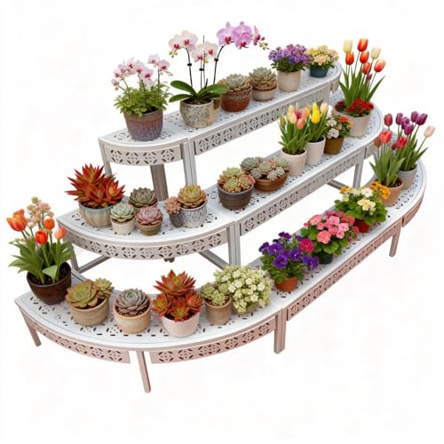 Laohucai Plant Stand Flower Pot Rack, L190cm/74.8in 3 Tier Stepped Garden Flower Pot Display Shelf for Indoor Outdoor Patio Yards Gardens Balcony（1 Rectangular & 2 Fan-Shaped Plant Shelf）, White