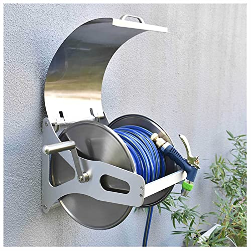 Stainless Steel Garden Hose Reel,Water Hose Holder & Storage Holds,Heavy Duty Metal Wall Mount Water Hose Storage Rack,Retractable Portable Hose Storage Rack with Cover,Load 100kg ( Rack+35m Hose)