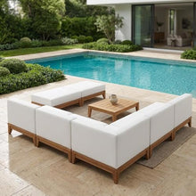 Outdoor Escape White Fabric Modular Outdoor Patio Sectional, Acacia Wood Finish, Cushioned Seating, Outdoor Living Furniture