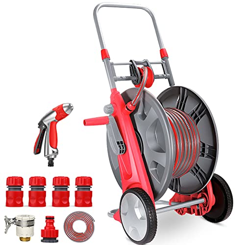 Rolling Garden Hose Reel Cart With Hose, Heavy Duty Wheeled Water Hose Reel Trolley With Hose Nozzle And Accessories, 160-Feet 1/2 Inch Hose Capacity For Outside(Size:30M,Color:A)