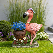 Outdoor Flamingo Planter Urn with Solar LED Lights, Resin Welcome Garden Statue Flower Container for Patio Porch Balcony Courtyard Walkway Lawn Entryway Decorative Yard Accent (Female Flamingo)