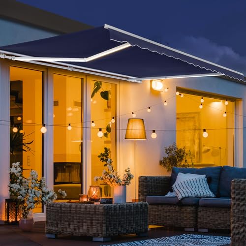 Diensweek 12'x10' Patio Awning Retractable, Fully Assembled Motorized LED Light Awnings Electric Commercial Grade - Quality 100% Dope-Dyed Acrylic Window Door Sunshade Shelter - Deck Canopy Balcony