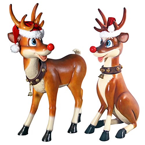 Design Toscano Christmas Red-Nosed Reindeer Holiday Decor Statues Set of Two Full Color