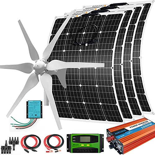 880 Watts 12V Solar Wind Turbine Generator Kit: 1pc 400 Watt Wind Turbine + 4pcs 120W Flexible Mono Solar Panel + 1pc 1000W 12V Inverter.etc.Off Grid for Roofs Homes