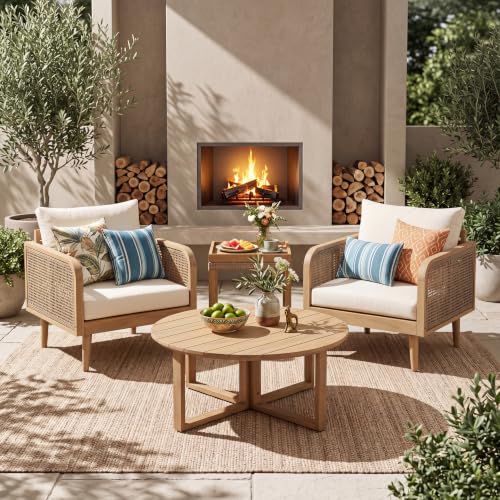 Merax 2 Set Acacia Wood & Rattan-Woven Armrests Outdoor Club Chair