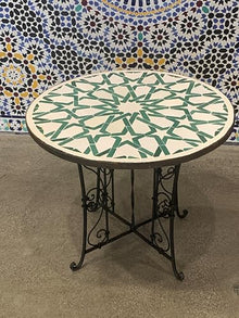 Moroccan Intricately Designed Round Tile Table Top for Indoor & Outdoor with Foldable Base