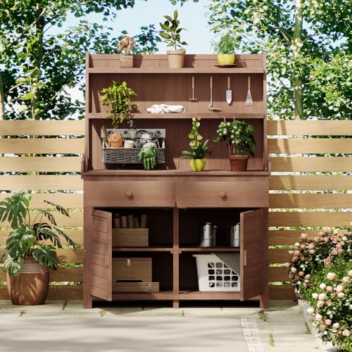 Sturdy Garden Potting Bench with Storage Shelf, Drawer, and Cabinet for Outdoor Planting and Horticulture Tasks (Brown + Wood + Rustic)