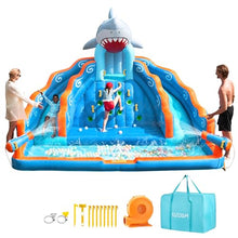 SLOOSH Inflatable Water Slide Park for Kids, 6 in 1 Bounce House Double Slides Bouncy Castle with 450W Blower, Climbing Wall, Water Cannon, Splash Pool for Outdoor Backyard Party