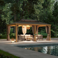 12x18ft Hardtop Gazebo, Wooden Finish Coated Aluminum Frame Canopy with Galvanized Steel Double Roof, Outdoor Permanent Metal Pavilion with Curtains & Netting for Garden, Brown (Wooden 12x18 Ft)