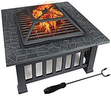 Garden Fire Pit Grill Bowl Grill Barbecue Rack Fire Pit with BBQ Grill Shelf,Outdoor Metal Brazier Square Table Garden Patio Heater/BBQ/Ice Pit with Waterproof Cover,Outdoor Fire Pits