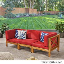 GDFStudio Outdoor Sectional Sofa Set | 3-Seater | Acacia Wood | Water-Resistant Cushions | Teak and Red