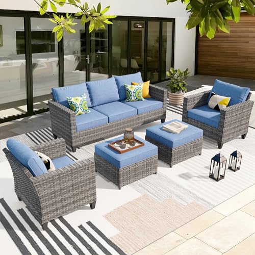 OvioS 5-Piece Patio Furniture Set Outdoor Wicker Rattan Sofa Couch with Chairs and Ottomans Denim Blue