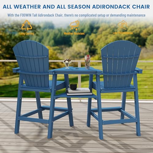FOOWIN Tall Adirondack Chairs Set of 4 Recycled Poly Patio Stools with Tray Navy Blue