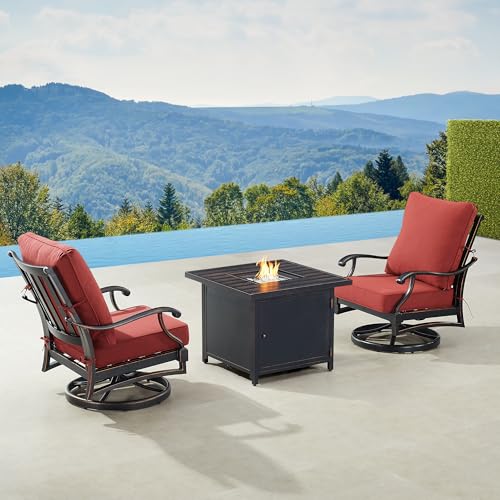 Oakland Living Black Aluminum Patio Fire Table Bistro Set with Two Club Chairs with Red Cushions