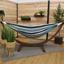 Vivere Double Premium Outdoor Fade and Weather-Resistant Hammock with Solid Pine Arc Stand - 450 lb Weight Capacity (Token Surfside)