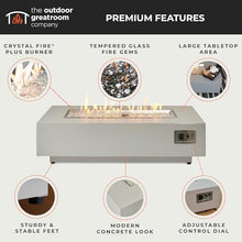 Outdoor GreatRoom Co. Harbor View Gas Fire Pit Table Rectangular Concrete Fire Pits for Outside Patio - 65,000 BTU Propane Fireplace Heater, Glass Coffee Table Cover, Clear Fire Rocks