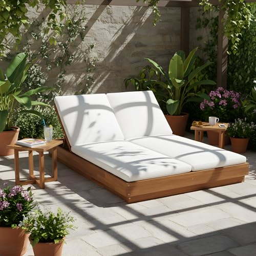 Christopher Knight Home Tori Double Chaise Lounge Outdoor with Coffee Table Set, Acacia Wood Patio Chaise Lounge Set of 2 with Cushion, Adjustable Backrest Poolside Sun Lounger, Teak+White