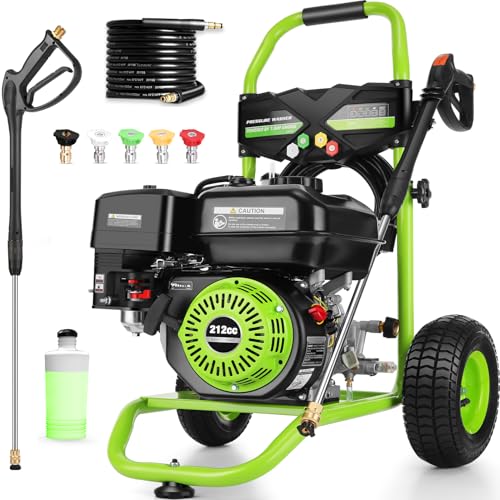 Professional 4200PSI 4GPM 212CC Gas Exterior Cleaner, 7.0HP Commercial Washing Machine with 1L Foam Bottle 9" Wheels 5 Nozzles 25FT Hose for Home Car Driveway Yard (EPA/CARB/ETL Compliant), Green