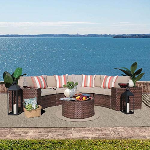 Unknown1 7-Piece Half-Moon Outdoor Wicker Cushioned Sofa Set Brown Modern Contemporary Steel Removable Cushions Weather Resistant