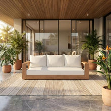 Outdoor Escape White Fabric Outdoor Sofa, Contemporary Style, Cushioned Seat with Pillow, Teak Finish, Spacious 87-Inch Width