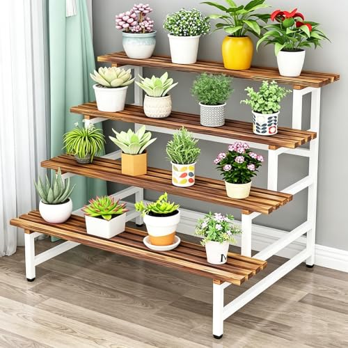 ARTUNV 4 Tier Wooden Plant Stand Rack, Heavy Duty Metal Frame Corner Flower(Size:80cm/31in,Color:White)
