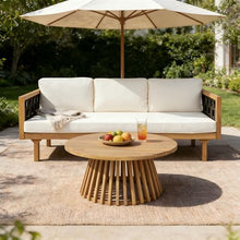 Merax Outdoor 3 Seater Daybed, Acacia Wood Patio Day Bed Couch Sofa with Cushions & Stylish Rope Weave Armrest, 67.5" L Outdoor Seating for Gardern Deck Porch Balcony, Beige