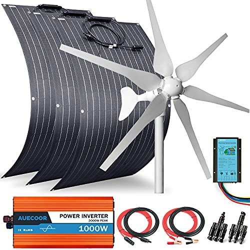 AUECOOR 700 Watts 12 Volts Solar Panel Wind Turbine Hybrid System Kit: 3 pcs 100W ETFE Flexible Monocrystalline Solar Panel+400W Wind Turbine+1000W Inverter + Accessories,for Curvy Surface,Roofs,RV