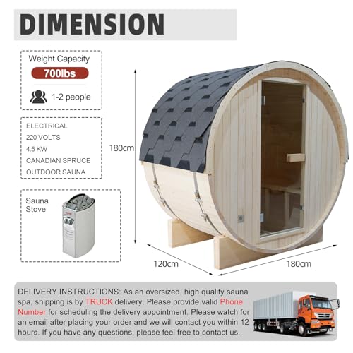 amocane Outdoor Barrel Steam Sauna 2 Person, Canadian Spruce Wooden Saunas Room for Home, Traditional Backyard Spa with 4.5KW Toule Heater, Rocks, Bucket, Waterproof System (70.87”x 47.24”x 70.87”)