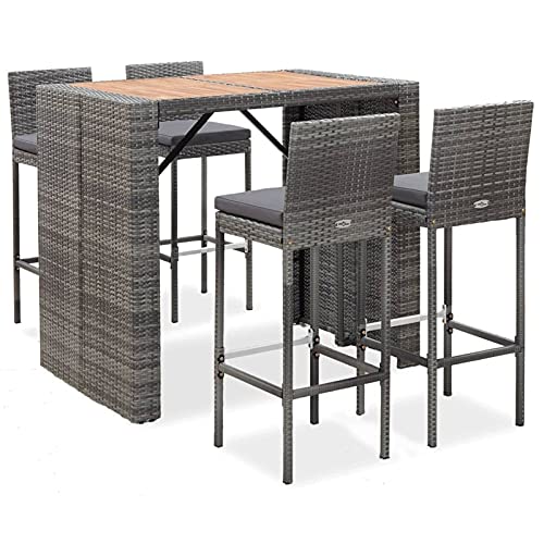 REWIS 5-Piece Outdoor Furniture Set with Poly Rattan and Acacia Wood Gray
