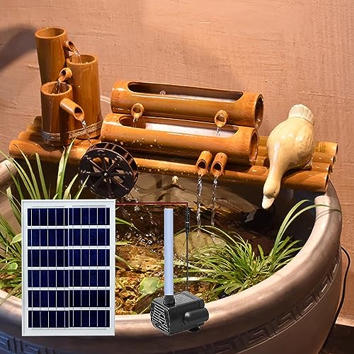 GenSDH Solar Water Pump Fountain, 6W Solar Panel with Water Filter, 2M Water Tube, Water Wheel Feng Shui Zen Bamboo Fountain, for Pond, Pool, Fish Tank, Aquarium and Garden, 24