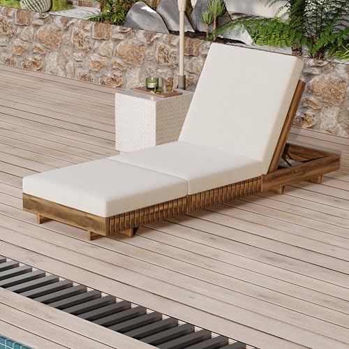 Merax Acacia Wood Chaise Lounge Set w/ 6-Position Adjustable Backrest & Cushion - Outdoor Patio Poolside Furniture, Beige