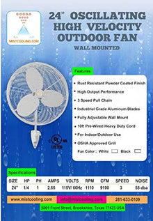 Outdoor Patio Fan - Wall Mount Mist Fans - Waterproof - Industrial Grade Fan - High-Velocity Fan - For Patio, Industrial, Warehouse, Barns, Dust Control Application (24" Fan - Oscillating - Black)