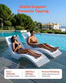 VEVOR Pool Lounge Chairs, Set of 2 Chaise Lounger, Water Weighted in-Pool Lounger Chairs for up to 9" Water Depths, Anti-Floating Patio Furniture with Cup Phone Holders for Sun Shelf & Tanning Ledge