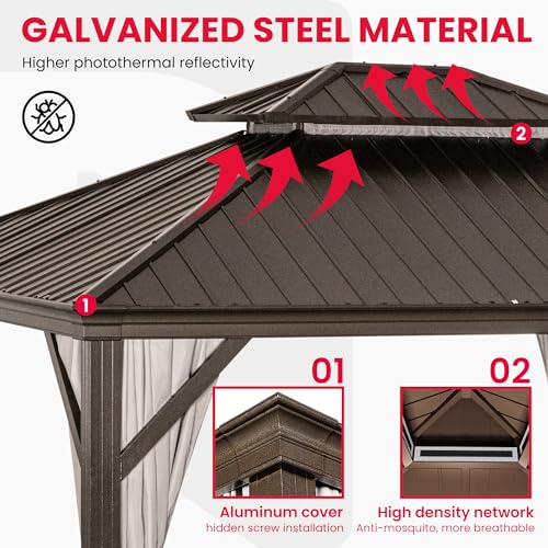 Pamapic 12'x14' Hardtop Gazebo with Double Roof, Netting & Curtains, Brown