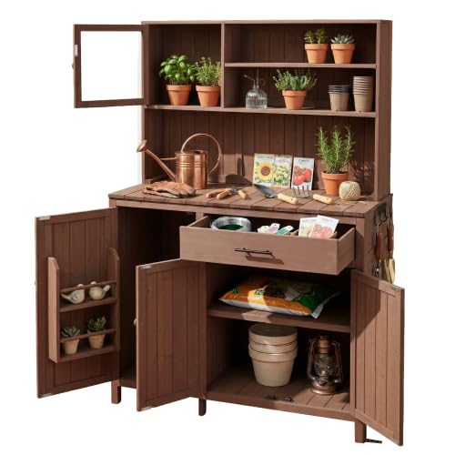 Potting Bench with Hutch, 65" Solid Fir Wood Garden Workstation & Outdoor Storage Cabinet, Large Countertop Patio Kitchen Island with Adjustable Shelves, Spice Rack, Drawer & Side Hooks