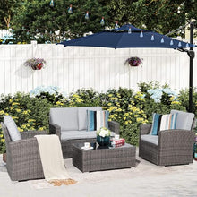 HTERWQEA Patio Furniture Set 4 Piece, Outdoor Wicker Conversation Set, Rattan Seating with Soft Cushions for Small Space Balcony Backyard Lawn, Tempered Glass Coffee Table