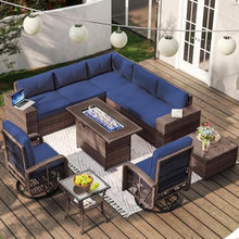 UOPYNE 10 Piece Patio Furniture Set with Fire Pit Table and Swivel Chairs, Rattan Outdoor Sectional Patio Conversation Sets with Seat Cushions for Backyard Deck Balcony Lawn and Garden