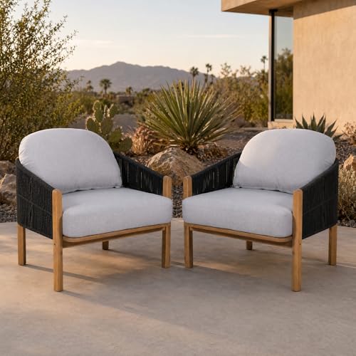 Fefunivita Set of 2 Outdoor Club Chairs, Acacia Wood & Rope Woven Patio Accent Armchairs with Thick Weather-Resistant Cushion, Deep Seating Lounge Chairs for Poolside Deck Porch, Teak, Gray