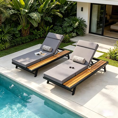 Merax 2 piece Black Iron Teak Finish Chaise Lounge Set with 4" Thick 4-Fold Cushion with Headrest, 400 lbs Capacity, Adjustable Backrest with Flat Storage Surface for Patio, Poolside, Dark Gray