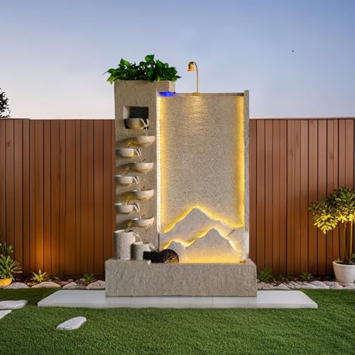 Modern Cement Water Fountain with Lighting, Mist & Waterwheel – 6.89ft Tall Indoor/Outdoor Decor for Garden, Entryway, Pool,Housewarming Gift (Left)(Left)
