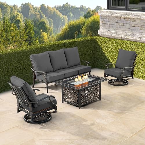 Oakland Living Black Aluminum Patio Fire Table Set with Deep Seating Sofa with Cushion and Two Club Chairs with Black Cushions