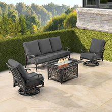 Oakland Living Black Aluminum Patio Fire Table Set with Deep Seating Sofa with Cushion and Two Club Chairs with Black Cushions