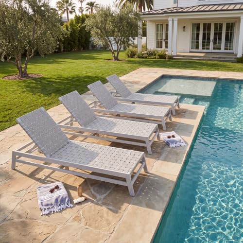 Christopher Knight Home Susua Set of 4 Rope Chaise Lounge with Acacia Wood Frame, Adjustable Backrest Single Lounge Sofa, Patio Sun Lounger Recliner Chair for Poolside Backyard, Gray + Light Gray