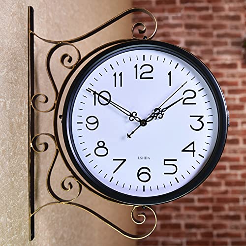 MIIKHI Outdoor Garden Wall Clock, Wrought Iron Retro Double Sided Station Clock Garden Clock 360° Rotation Waterproof Outdoor Clock Decoration Outside Clock